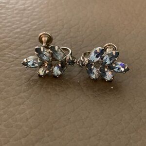 Light Blue Rhinestone Vintage Screw On Earrings
